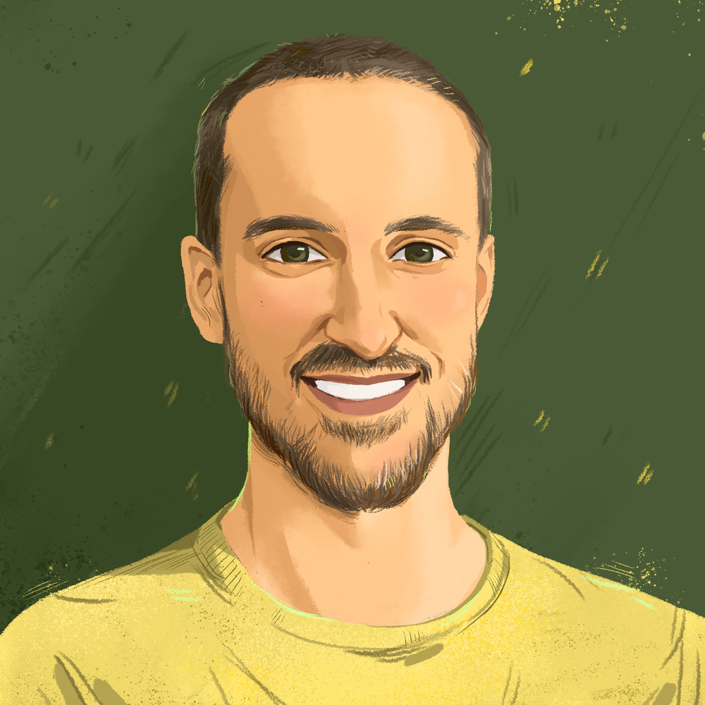 Hand-drawn portrait of Markus Cadonau, smiling, with some facial hair, and short dark hair.